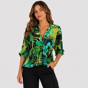Cache Silk Blend Floral Blouse Womens S Mutlicolor Smocked Ruffle Statement